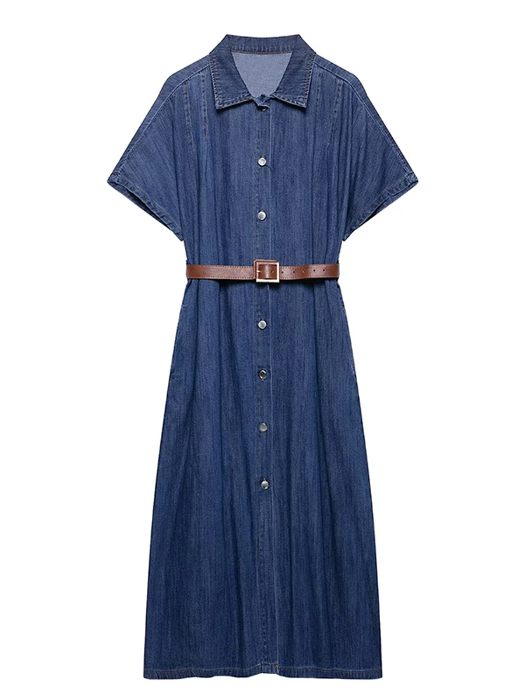 Elegant Women's Single Breasted Lapel Denim Long Dresses With Waist Belt Summer New Short Sleeve Shirt Dress Daily Office Wear
Elegant Women's Single Breasted Lapel Denim Long Dresses With Waist Belt Summer New Short Sleeve Shirt Dress Daily Office Wear