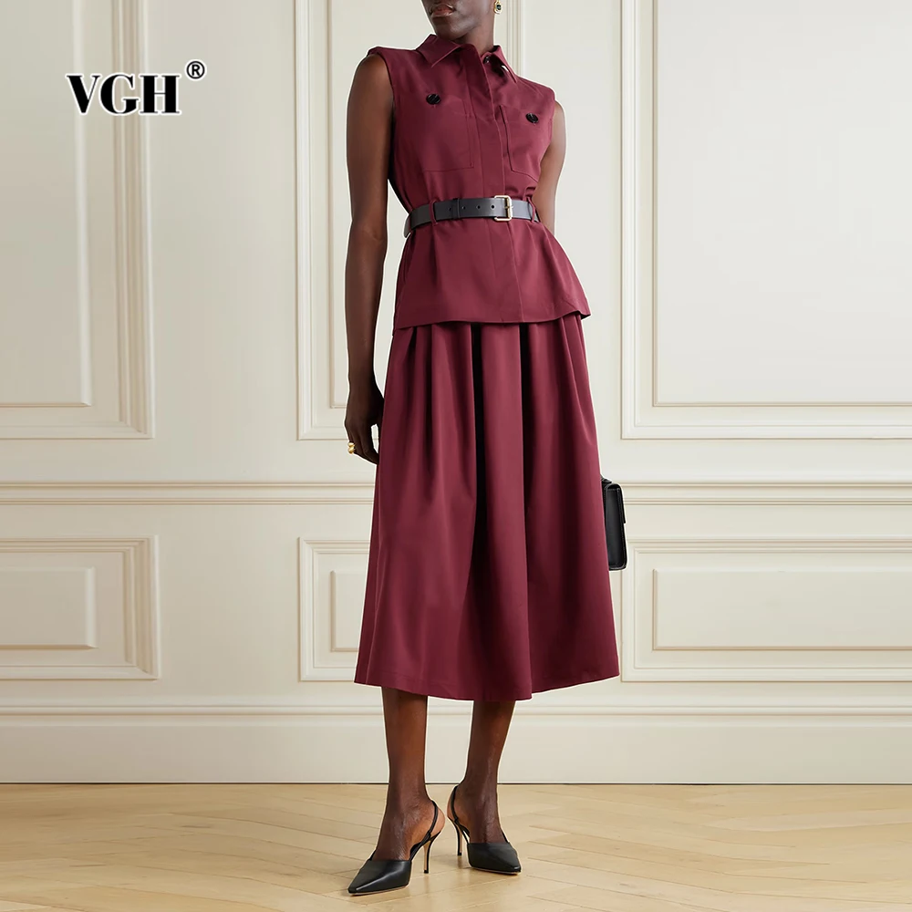 VGH Solid Spliced Sashes Two Piece Set for Women Lapel Sleeveless Slimming Top Patchwork Folds Mid Skirt Vintage Suit Female New
VGH Solid Spliced Sashes Two Piece Set for Women Lapel Sleeveless Slimming Top Patchwork Folds Mid Skirt Vintage Suit Female New