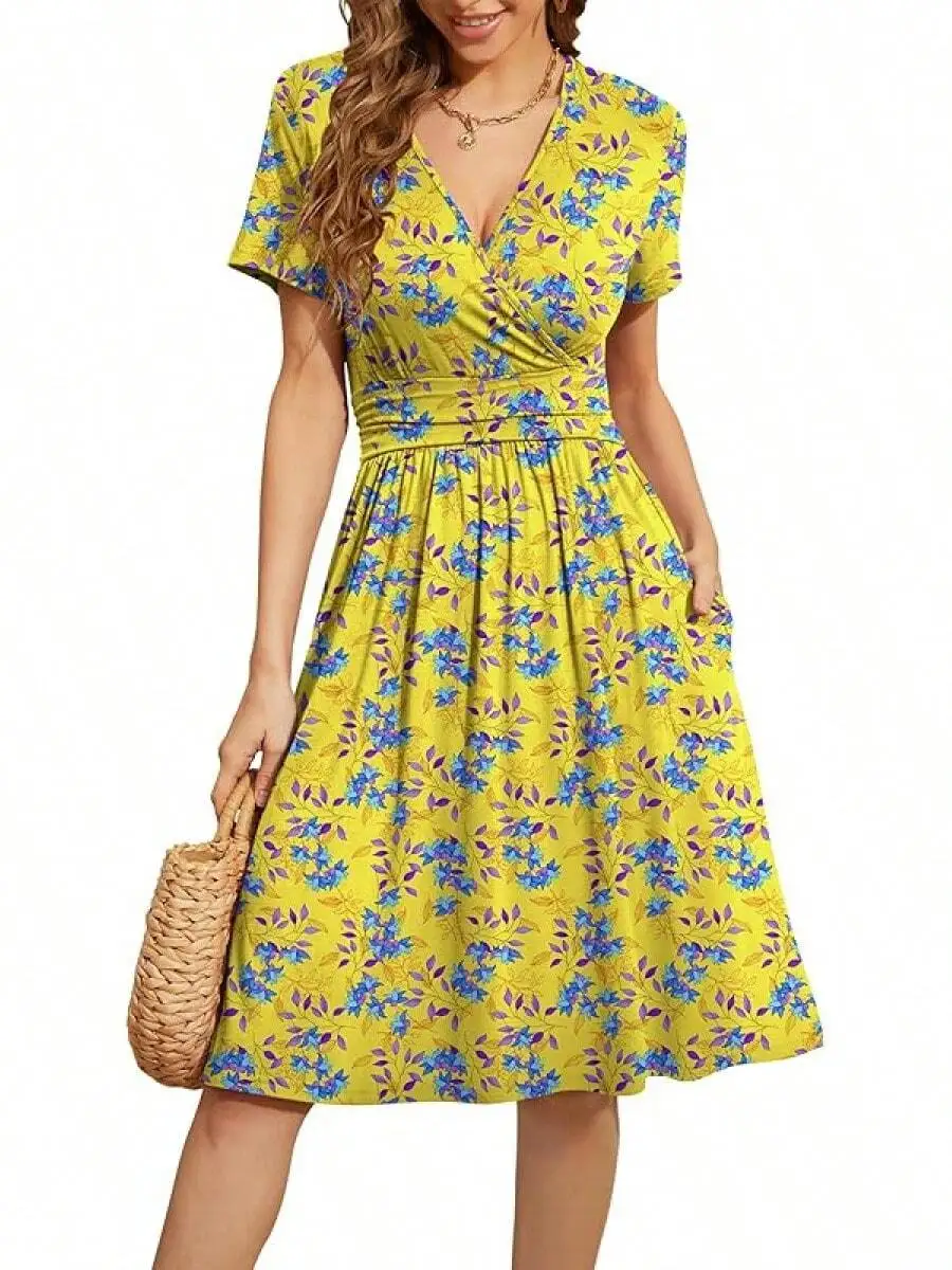 Womens Summer Short Sleeve Wrap Floral A-Line Dress With Pockets Knee Length
Womens Summer Short Sleeve Wrap Floral A-Line Dress With Pockets Knee Length
