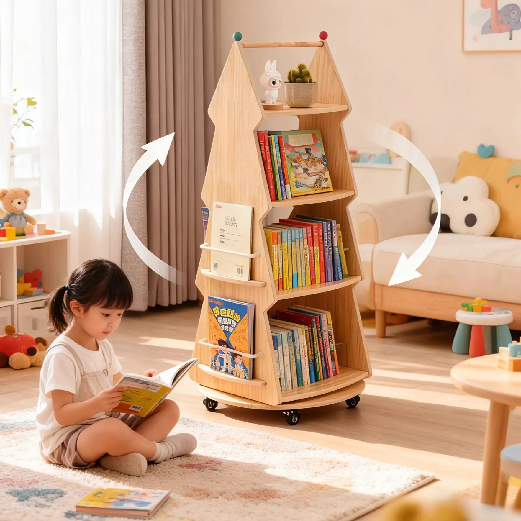 Rotating bookshelf Solid wood bookcase Corner floor shelf Children's picture book rack integrated against the wall
Rotating bookshelf Solid wood bookcase Corner floor shelf Children's picture book rack integrated against the wall