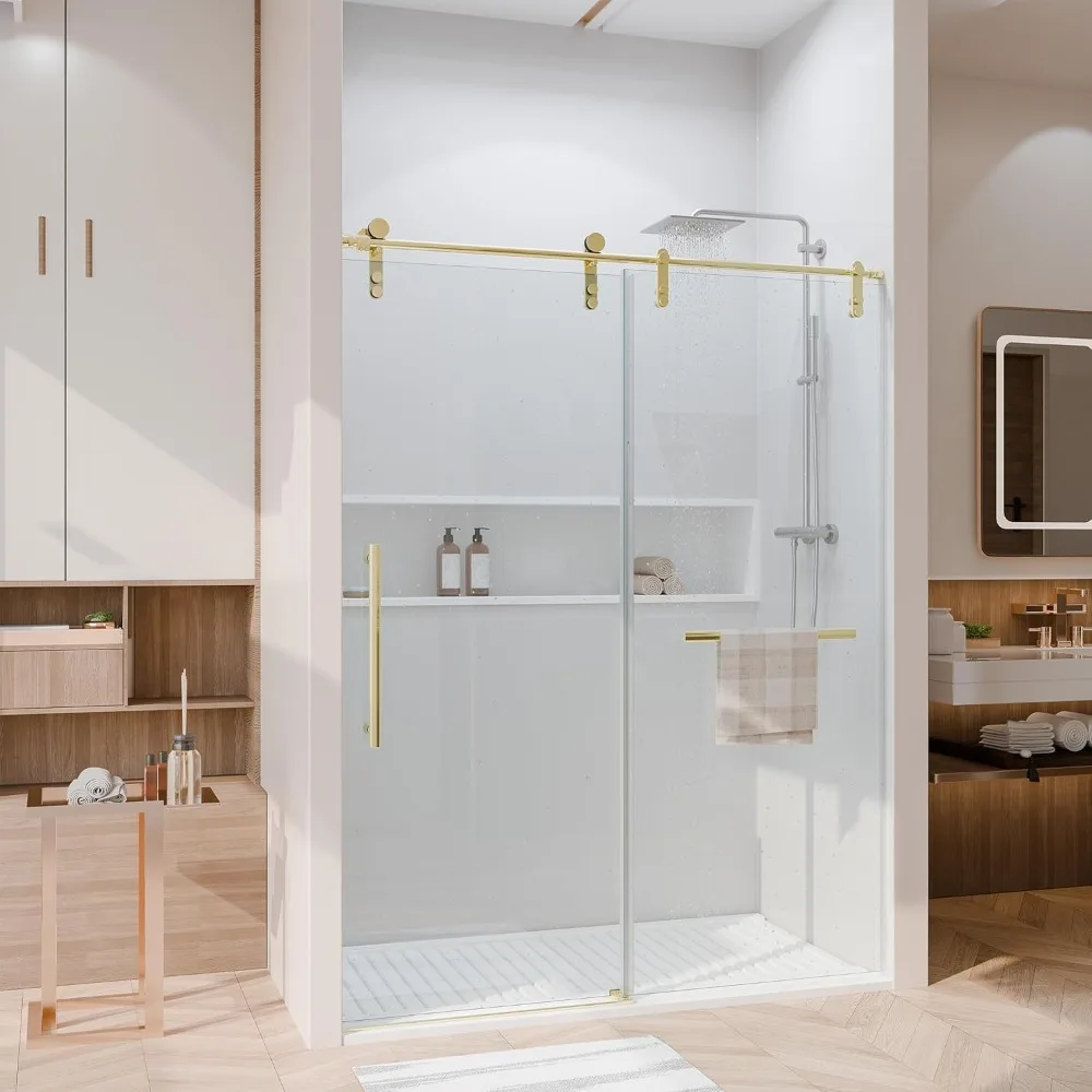56-60 inch W x 76 inch H glass shower door, frameless shower door with handle and waterproof sealing strip, gold color
56-60 inch W x 76 inch H glass shower door, frameless shower door with handle and waterproof sealing strip, gold color