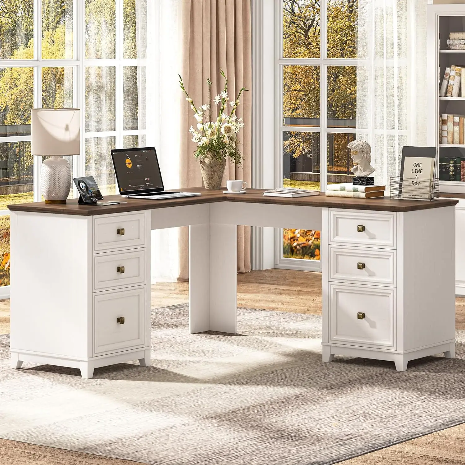 L Shaped Executive Desk 6 Drawers 69in Wood Home Office File Cabinet Corner Computer Work Study White Brown, Customized
L Shaped Executive Desk 6 Drawers 69in Wood Home Office File Cabinet Corner Computer Work Study White Brown, Customized