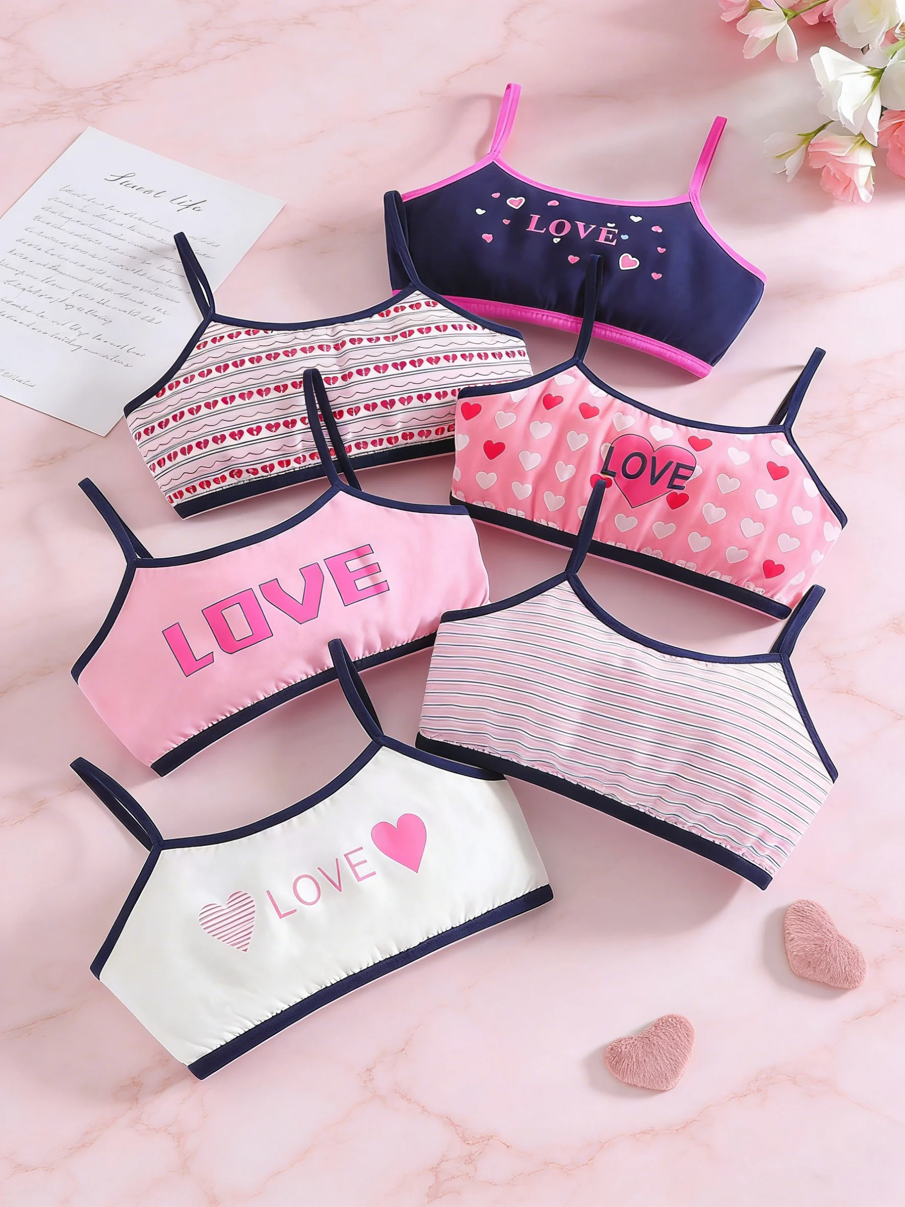 Girls' European and American Style Hot Fashion Heart-Print Multi-Color 6-Piece Set of Tank Tops, Camisoles, Underwear, Bras Valentine's Day Valentine's Clothes Valentine's Decorations
Girls' European and American Style Hot Fashion Heart-Print Multi-Color 6-Piece Set of Tank Tops, Camisoles, Underwear, Bras Valentine's Day Valentine's Clothes Valentine's Decorations
