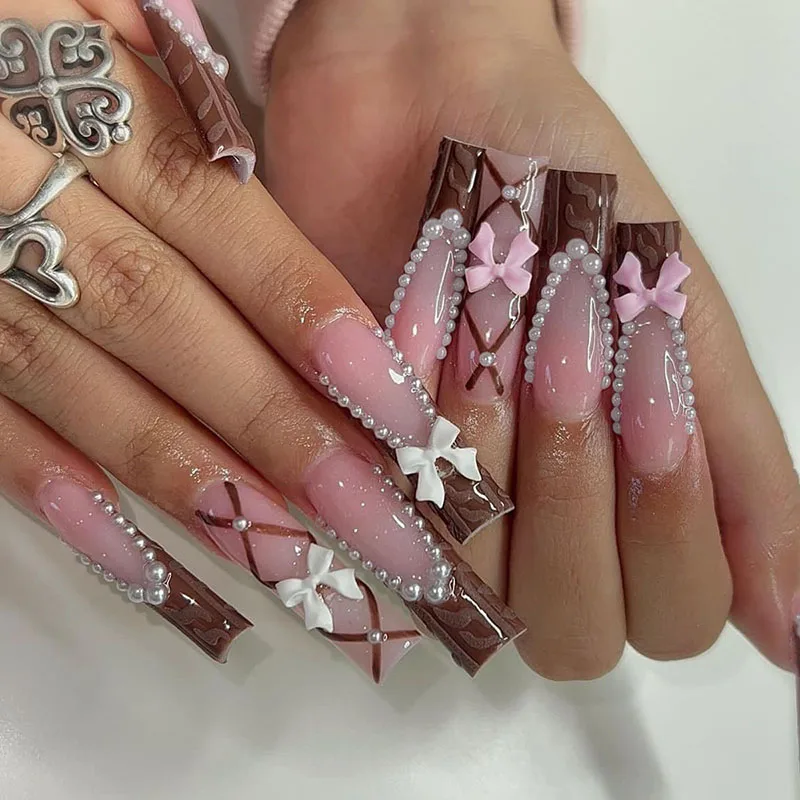 24Pcs Chocolate French Press on Nails Bow Pearl Stripe Fasle Nail Removable Nail Art Nail Tips For Women and Girls Nail Salon
24Pcs Chocolate French Press on Nails Bow Pearl Stripe Fasle Nail Removable Nail Art Nail Tips For Women and Girls Nail Salon