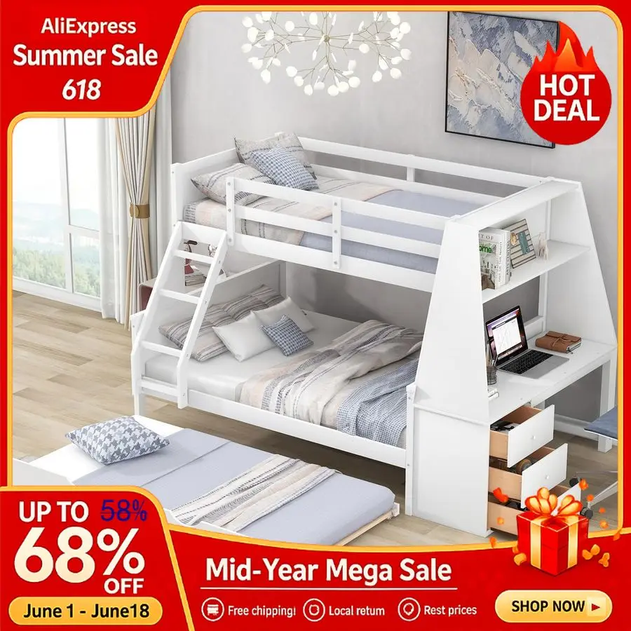 Twin Over Full Bunk Bed with Trundle and Desk, Solid Wood Bunk Bed Frame with Storage Drawers and Shelf,
Twin Over Full Bunk Bed with Trundle and Desk, Solid Wood Bunk Bed Frame with Storage Drawers and Shelf,