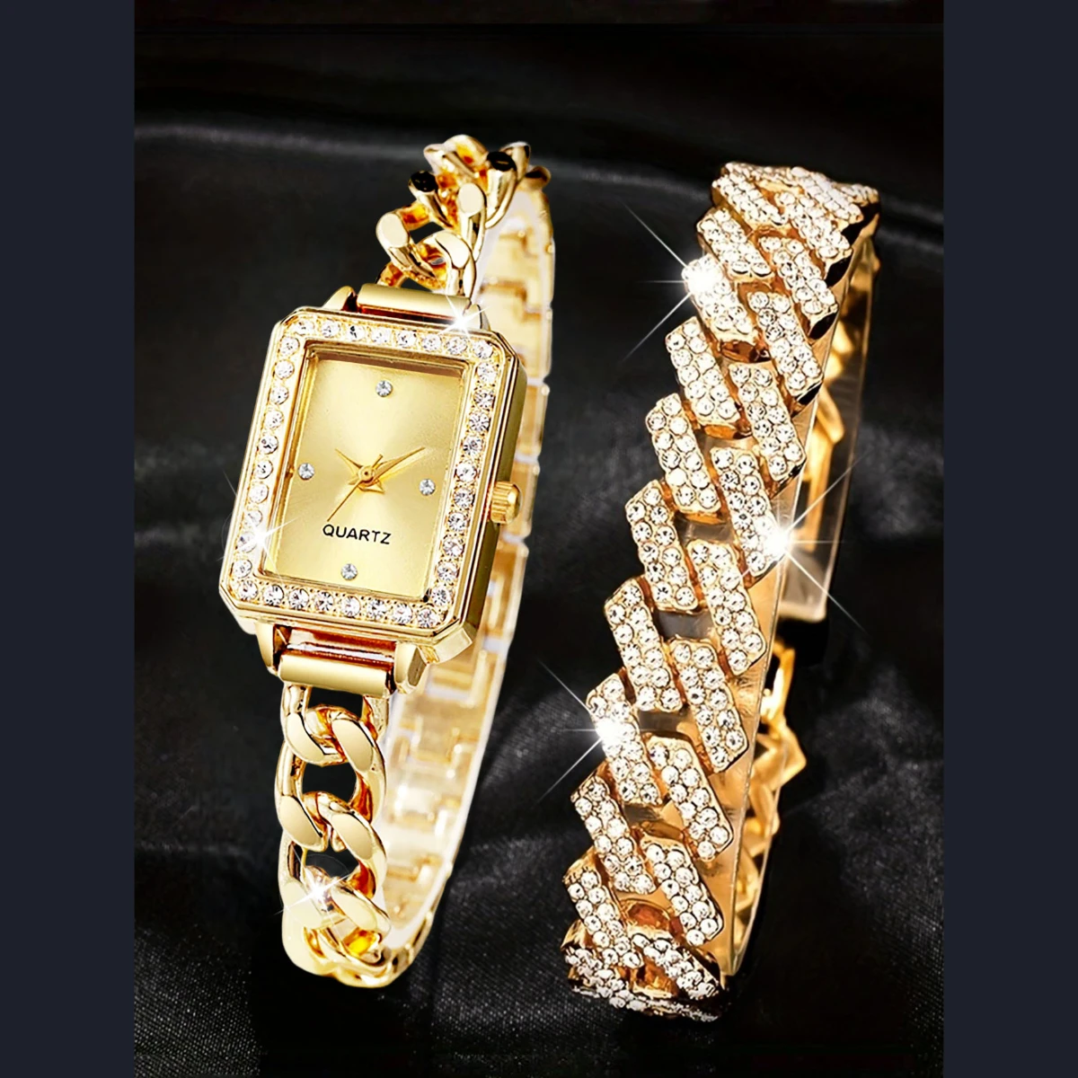 Luxury women's trendy accessories fashionablesimple diamond inlaid square quartz watch bracelet set suitable casual formal wear
Luxury women's trendy accessories fashionablesimple diamond inlaid square quartz watch bracelet set suitable casual formal wear