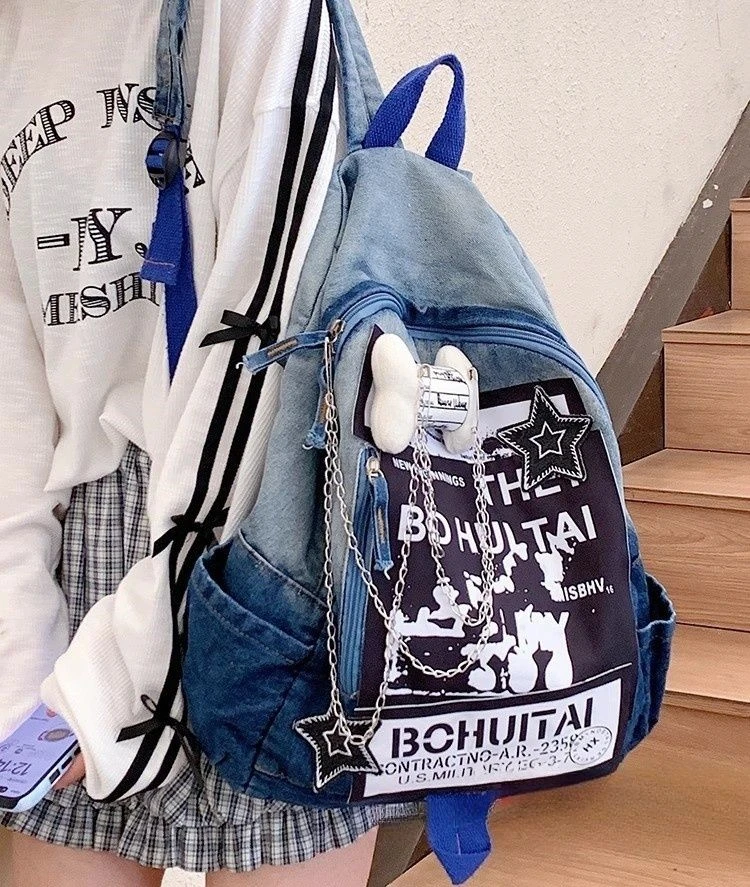 Женская модная джинсовая школьная сумка большой емкости в стиле пэчворк Y2k Star, школьная сумка с надписью для студентов, мягкий дизайнерский рюкзак
Женская модная джинсовая школьная сумка большой емкости в стиле пэчворк Y2k Star, школьная сумка с надписью для студентов, мягкий дизайнерский рюкзак
