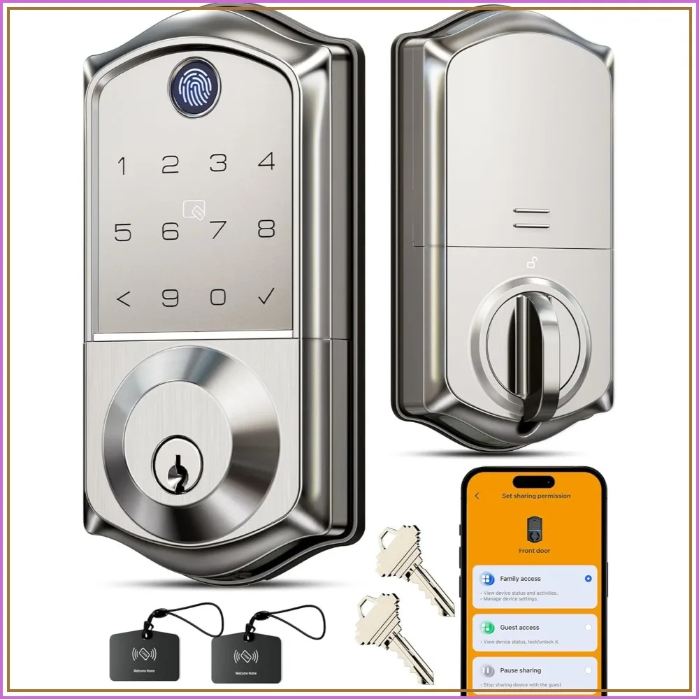 8-in-1 Keyless Smart Door Lock with Fingerprint, App Control, Auto Lock, Emergency USB-C, Electronic Keypad for Front Door, Satin Nickel
8-in-1 Keyless Smart Door Lock with Fingerprint, App Control, Auto Lock, Emergency USB-C, Electronic Keypad for Front Door, Satin Nickel