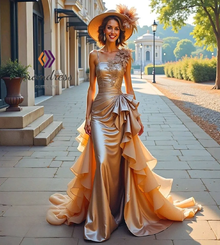 Luxury Gold Mermaid Prom Dress With Lace Ruffles Elegant Victorian Mystical Evening Dresses Overskirt Formal Party Customized
Luxury Gold Mermaid Prom Dress With Lace Ruffles Elegant Victorian Mystical Evening Dresses Overskirt Formal Party Customized