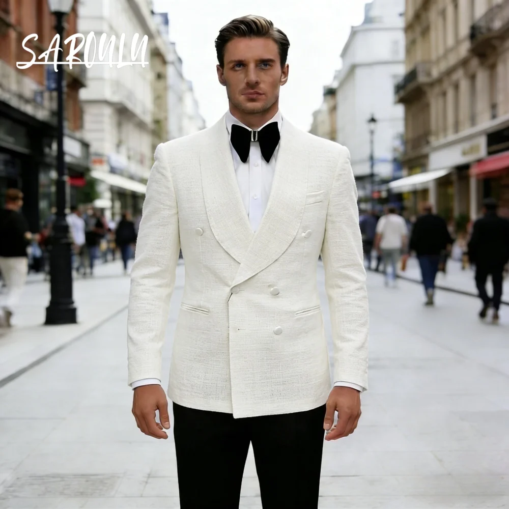 White Linen Fabric Men's Suit With Black Pants Customized Graceful Shawl Lapel Double Breasted Tuxedo High Quality Groom Wear
White Linen Fabric Men's Suit With Black Pants Customized Graceful Shawl Lapel Double Breasted Tuxedo High Quality Groom Wear