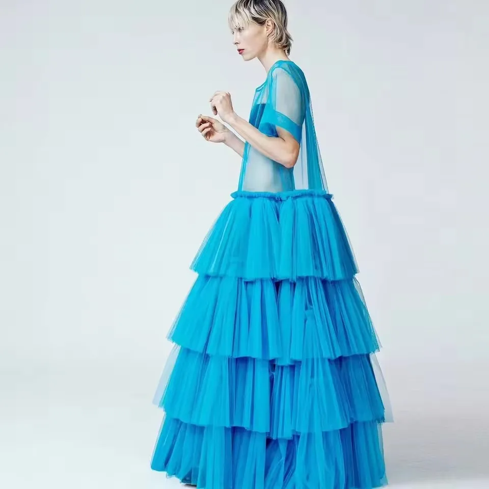 Hippie Style Party Gown Short Sleeves Cascading Mesh Illusion Special Occasion Dress 2025 Couture Sky Blue Sheer Tulle Dress
Hippie Style Party Gown Short Sleeves Cascading Mesh Illusion Special Occasion Dress 2025 Couture Sky Blue Sheer Tulle Dress