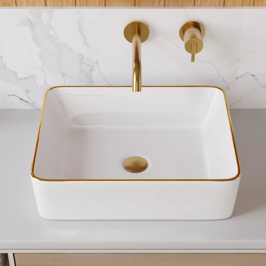19 in. L x 15 in. W Rectangular White Bathroom Ceramic Vessel Sink with Gold Trim Above Counter Faucet Not Included DV-1V0365
19 in. L x 15 in. W Rectangular White Bathroom Ceramic Vessel Sink with Gold Trim Above Counter Faucet Not Included DV-1V0365