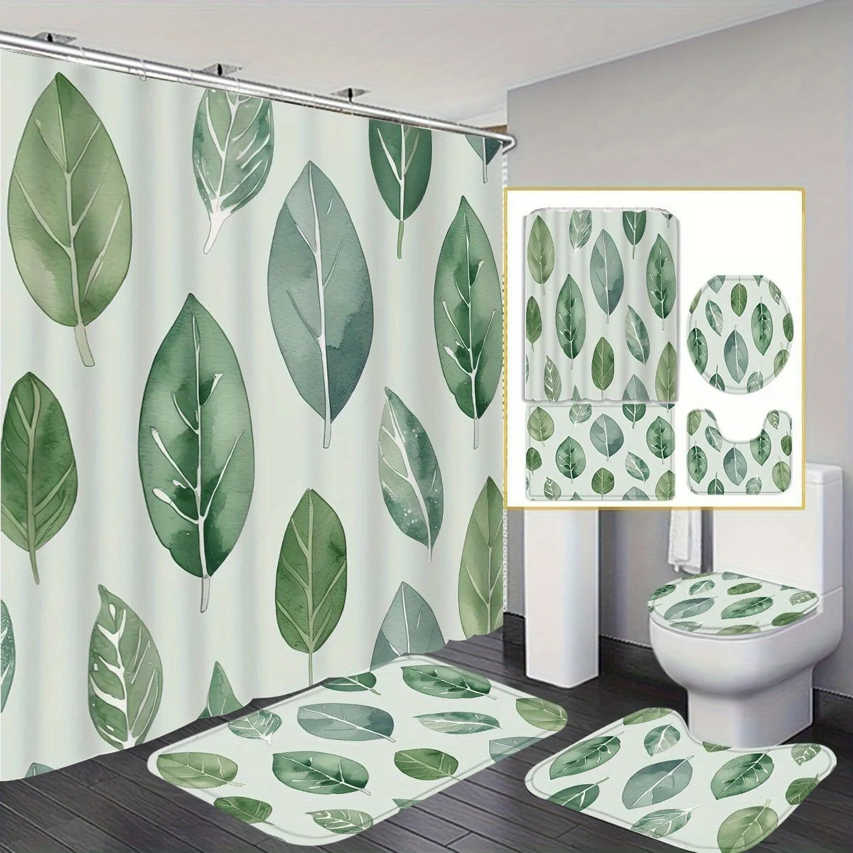 4-piece tropical leaf multi-style decoration set, shower curtain, bathroom floor mat, toilet U-shaped mat, toilet lid
4-piece tropical leaf multi-style decoration set, shower curtain, bathroom floor mat, toilet U-shaped mat, toilet lid