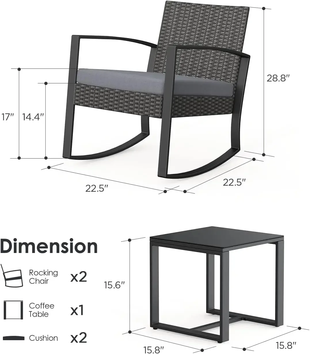 3 Piece Wicker Patio Furniture Set, Outdoor Rocking Chairs, Outdoor Furniture with Table & Cushions, Patio Chairs Balcony Porch
3 Piece Wicker Patio Furniture Set, Outdoor Rocking Chairs, Outdoor Furniture with Table & Cushions, Patio Chairs Balcony Porch