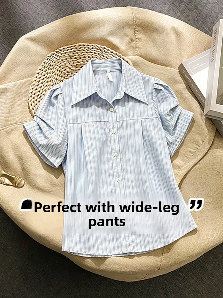 Blue Striped Short Sleeve Shirt Korean Style Commute Women's Fashion Summer Top Elegant Lightweight Versatile Business Casual
Blue Striped Short Sleeve Shirt Korean Style Commute Women's Fashion Summer Top Elegant Lightweight Versatile Business Casual