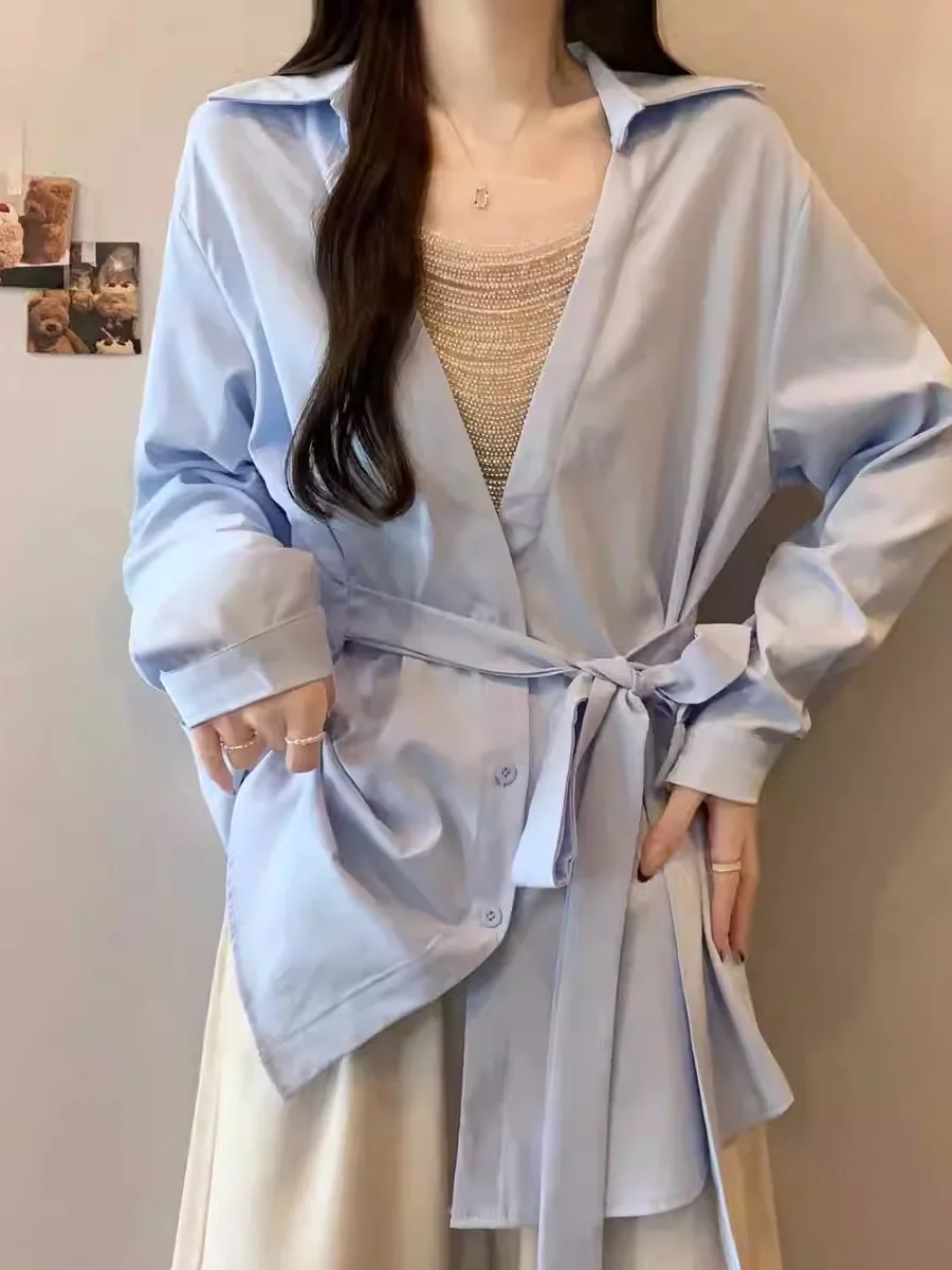 Elegant Light Blue Long Sleeve V-Neck Women's Shirt Tie Waist Mid-Length Spring 2026 plus Size Fashion Korean Style Office Wear
Elegant Light Blue Long Sleeve V-Neck Women's Shirt Tie Waist Mid-Length Spring 2026 plus Size Fashion Korean Style Office Wear