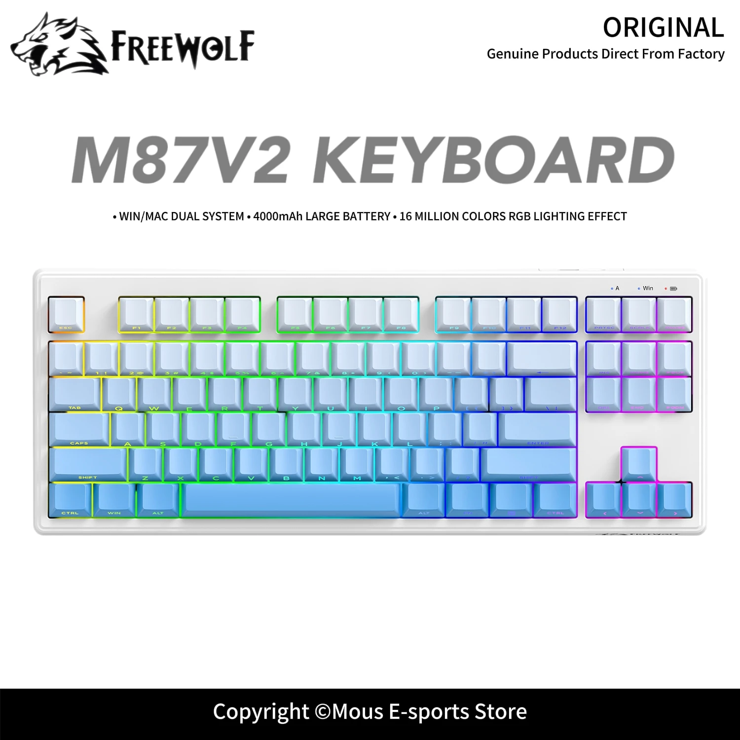 M87V2 Compact Bluetooth Gaming Keyboard FREEWOLF Ergonomic Dual-Stage Stand Mechanical Feel RGB Backlit Wireless for E-Sports
M87V2 Compact Bluetooth Gaming Keyboard FREEWOLF Ergonomic Dual-Stage Stand Mechanical Feel RGB Backlit Wireless for E-Sports