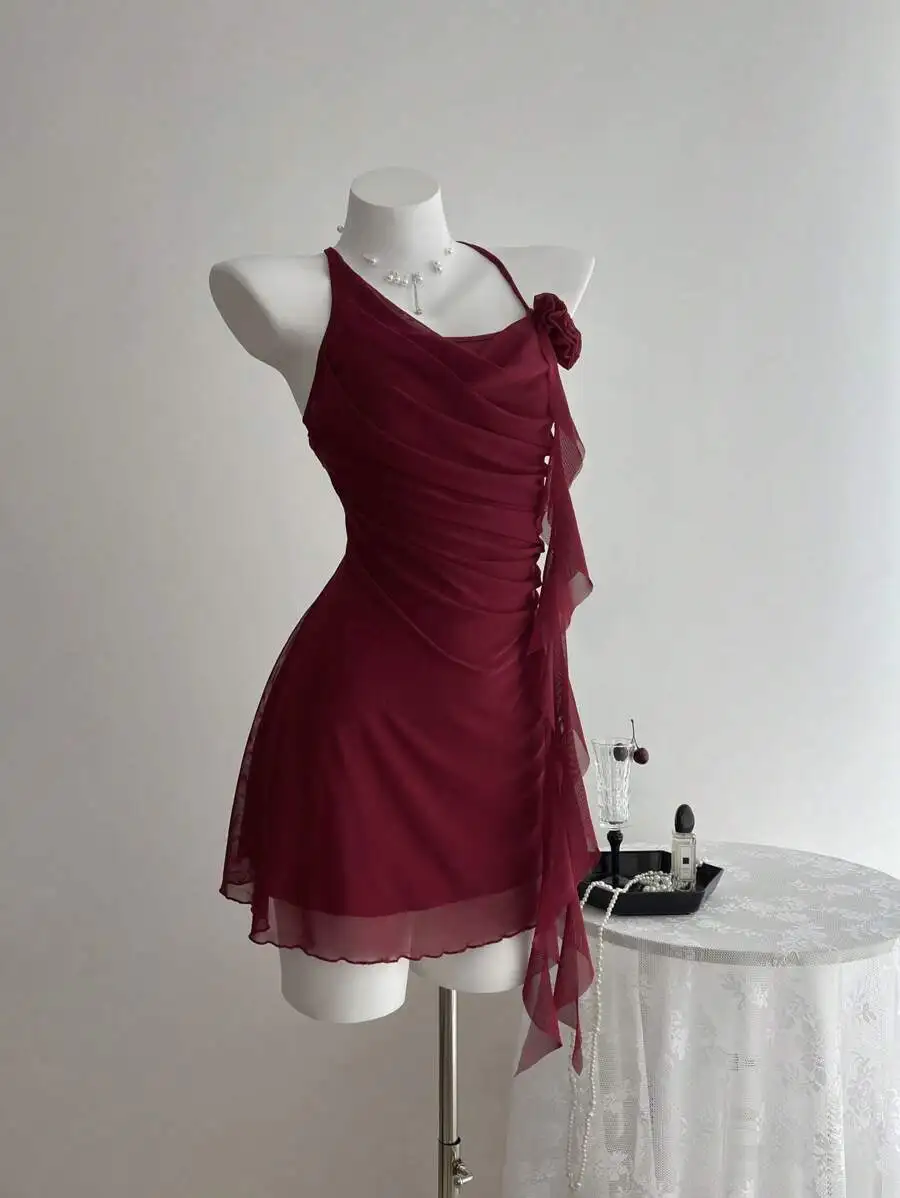 Burgundy Sheer Wrap Mini Dress With Floral Detail For Women
Burgundy Sheer Wrap Mini Dress With Floral Detail For Women