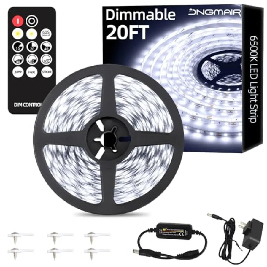 20Feet LED Strip Lights with Remote, 6500K Daylight White Dimmable Tape Lights, 12V 360 LEDs 2835 Strong Adhesive Rope Lights f
20Feet LED Strip Lights with Remote, 6500K Daylight White Dimmable Tape Lights, 12V 360 LEDs 2835 Strong Adhesive Rope Lights f