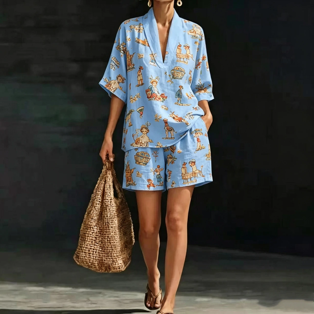 Fashion Women's Two-piece Set 2026 Cartoon Print Top Women's Summer Loose Casual Versatile V-neck Short Sleeve Shorts Suit
Fashion Women's Two-piece Set 2026 Cartoon Print Top Women's Summer Loose Casual Versatile V-neck Short Sleeve Shorts Suit