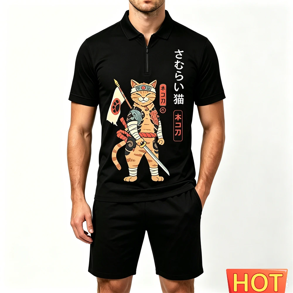 Japanese Samurai Cat Print Men's Short Sleeve Sets Fashion Zip Polo Shirt and Shorts 2 Piece Casual Loose Suit Summer Man Outfit
Japanese Samurai Cat Print Men's Short Sleeve Sets Fashion Zip Polo Shirt and Shorts 2 Piece Casual Loose Suit Summer Man Outfit