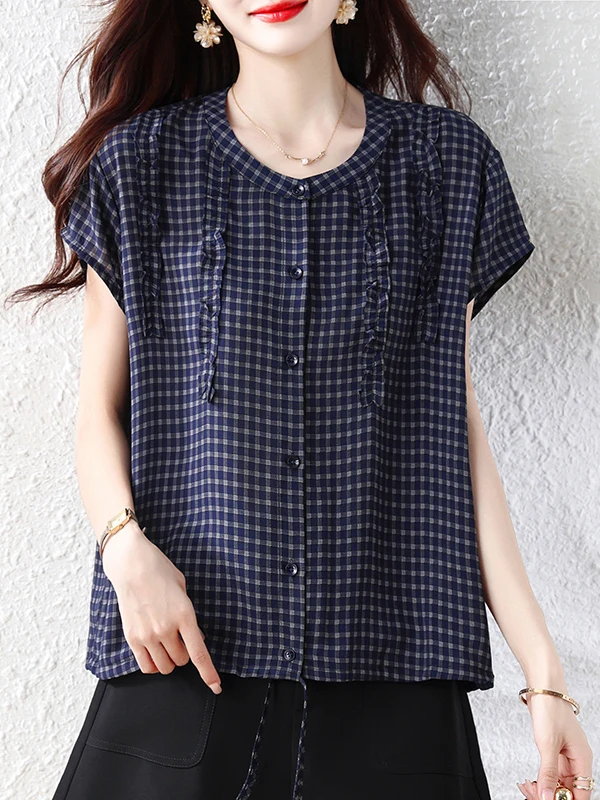 Casual Summer Shirt Women's Short Sleeve Plaid Ruffle Hem Drawstring Top Versatile Loose Fit Breathable Cool Feeling
Casual Summer Shirt Women's Short Sleeve Plaid Ruffle Hem Drawstring Top Versatile Loose Fit Breathable Cool Feeling