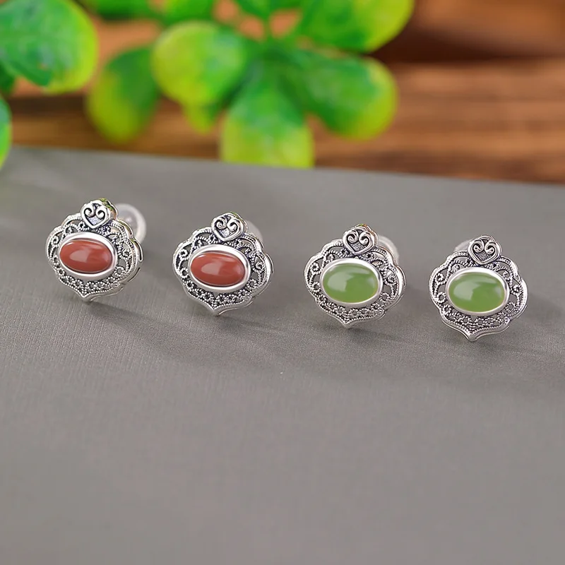 S925 Sterling South Red Agate Hetian Jade Jadeite Vintage Ruyi Hollow Earrings Silver Jewelry
S925 Sterling South Red Agate Hetian Jade Jadeite Vintage Ruyi Hollow Earrings Silver Jewelry
