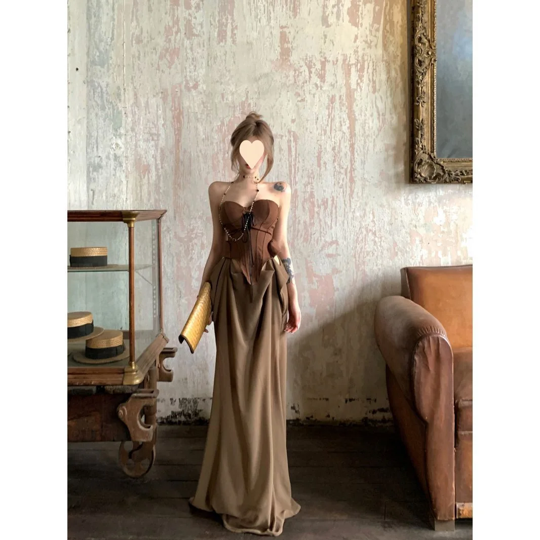 Women Brown Patchwork High Waist Sleeveless Backless Strapless A-line Dress Summer Elegant Sexy Hollowed Out Pleated Long Dress
Women Brown Patchwork High Waist Sleeveless Backless Strapless A-line Dress Summer Elegant Sexy Hollowed Out Pleated Long Dress