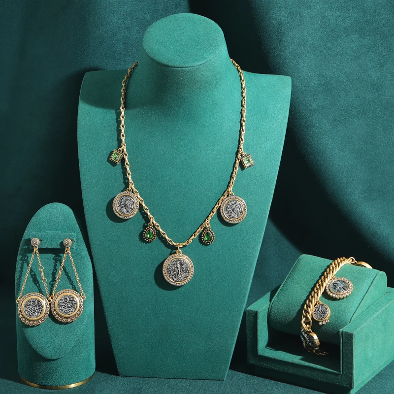 Vintage Antique Gold Plated Beauty Portrait Coin Jewelry Sets Green Crystal Bride Elegant Necklace Drop Earrings Bracelets 2026
Vintage Antique Gold Plated Beauty Portrait Coin Jewelry Sets Green Crystal Bride Elegant Necklace Drop Earrings Bracelets 2026
