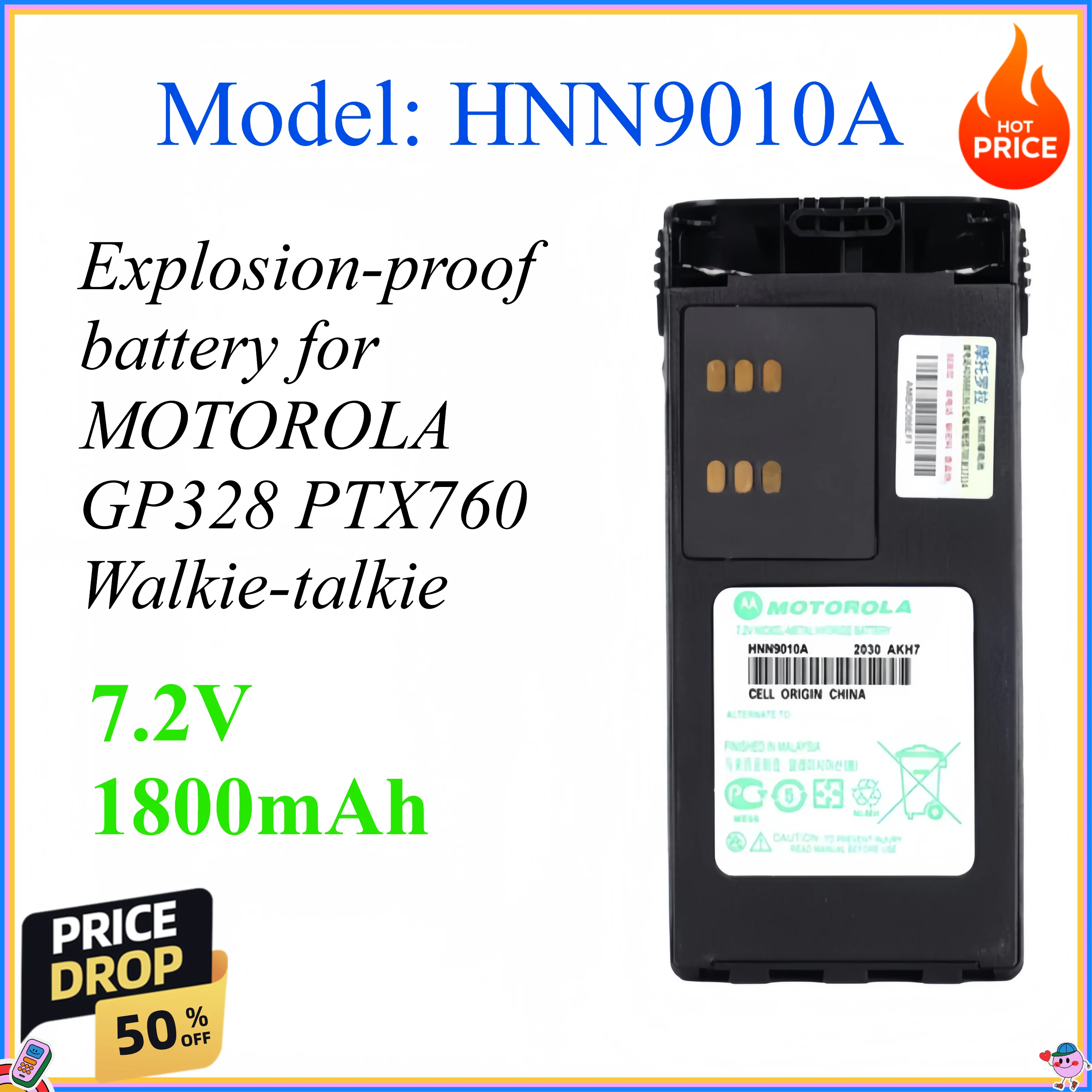 HNN9010A 7.2V 1800mAh for MOTOROLA GP328 PTX760 Walkie-talkie Explosion-proof Battery HNN9010A Accessories
HNN9010A 7.2V 1800mAh for MOTOROLA GP328 PTX760 Walkie-talkie Explosion-proof Battery HNN9010A Accessories