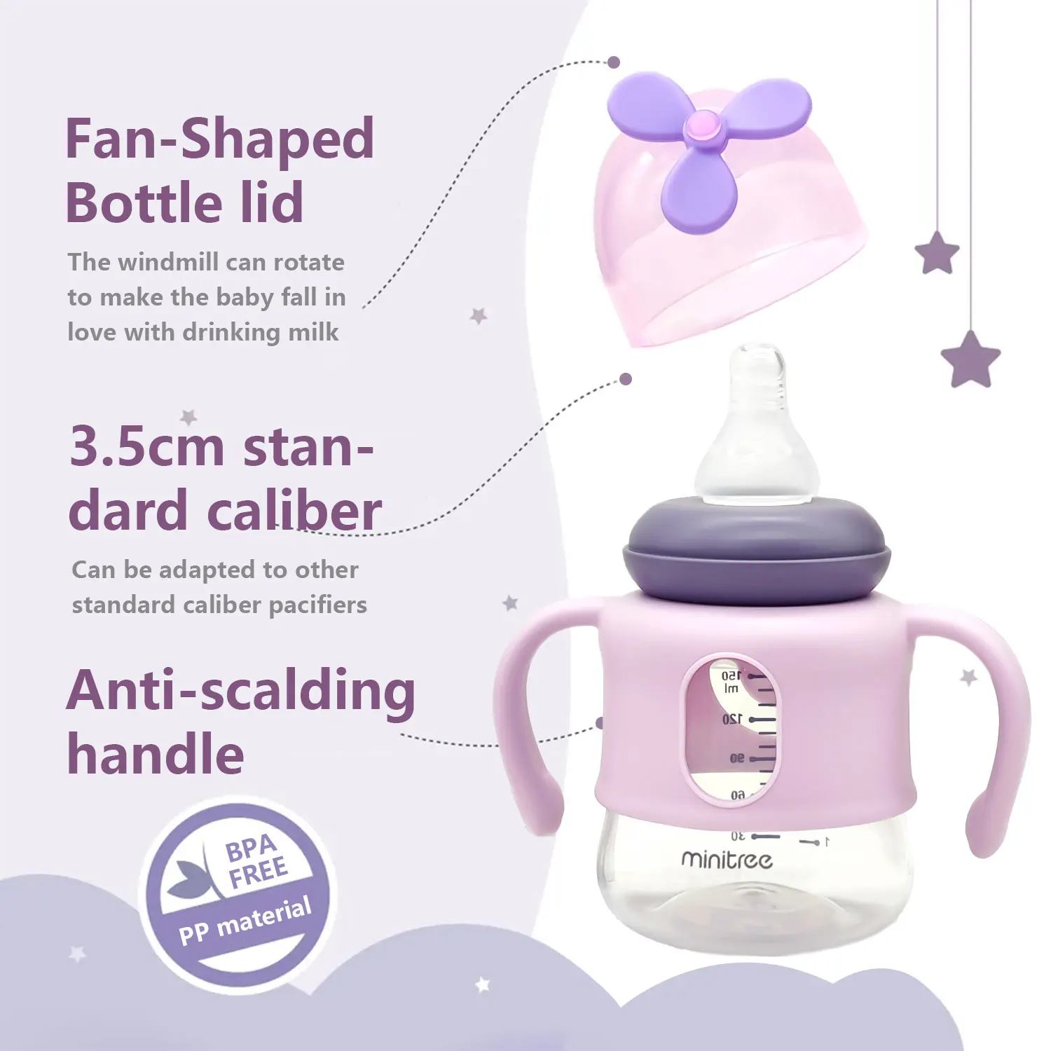 Food grade PP bottle body + silicone straw and pacifier with handle, easy to grasp, cute windmill cap, 150ml capacity
Food grade PP bottle body + silicone straw and pacifier with handle, easy to grasp, cute windmill cap, 150ml capacity