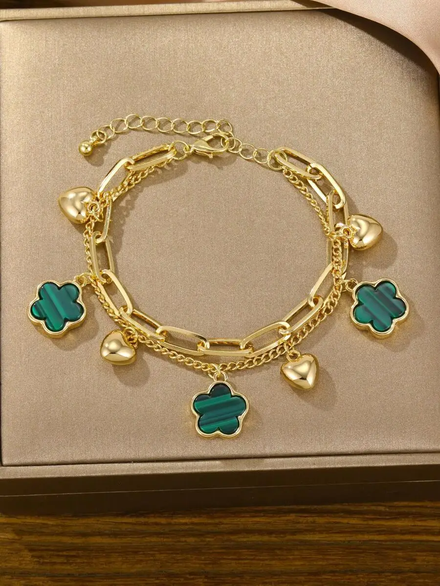 Gold-Tone Dual-Chain Bracelet With Green Four-Leaf Clover And Heart Charms For Adults
Gold-Tone Dual-Chain Bracelet With Green Four-Leaf Clover And Heart Charms For Adults