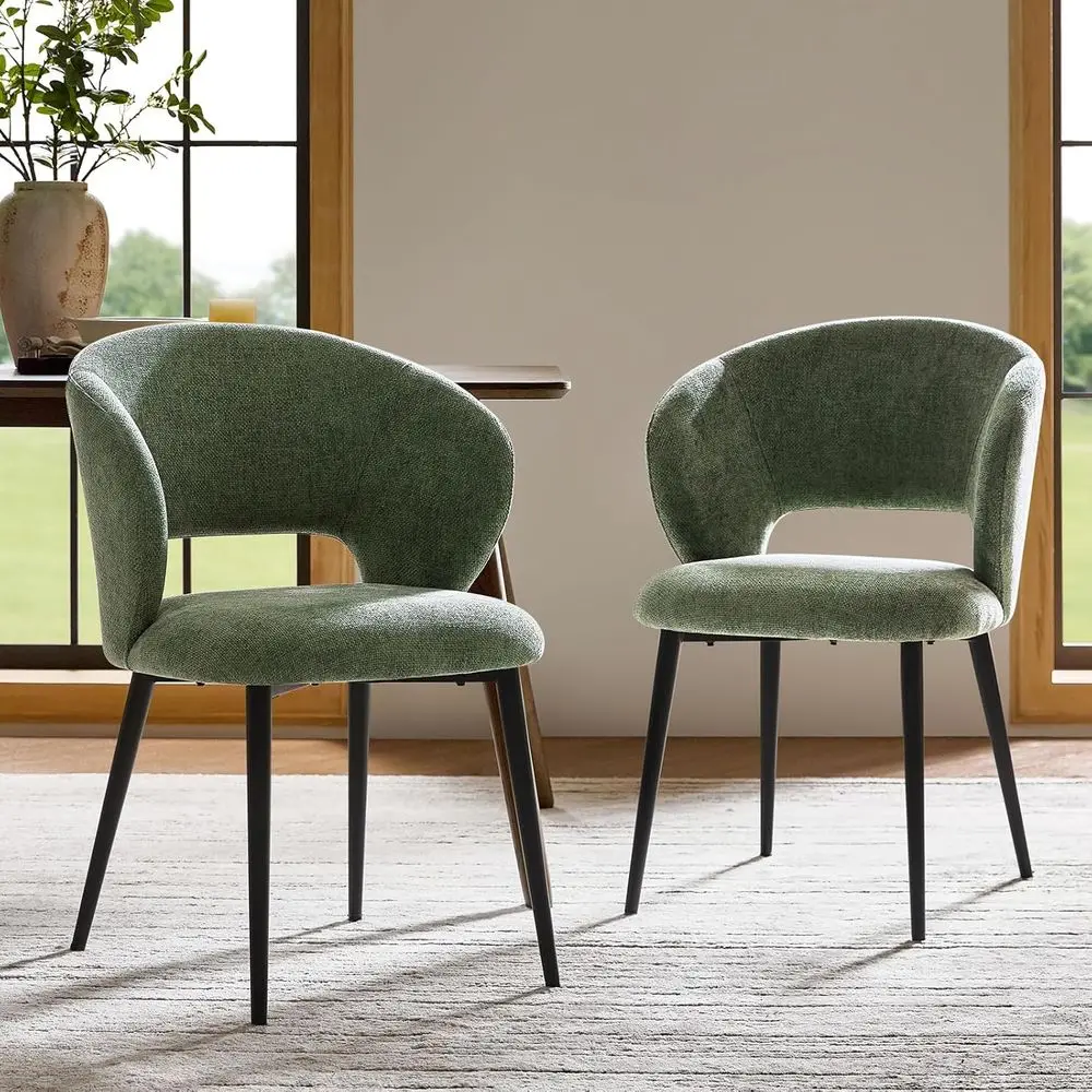 Пара обеденных стульев из зеленой ткани с подлокотниками, металлическими ножками и изогнутыми спинками для домашнего и кафе
Пара обеденных стульев из зеленой ткани с подлокотниками, металлическими ножками и изогнутыми спинками для домашнего и кафе