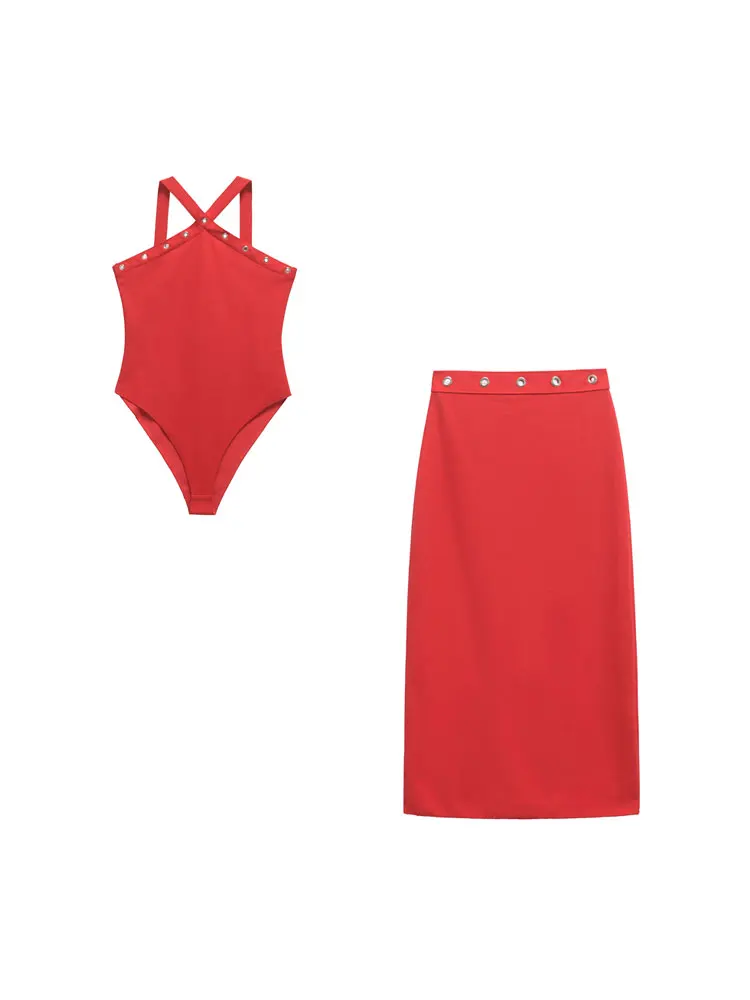 TRZA Women Fashion With Eeyelet Stretch Bodysuit And Mid-rise Waist Back Vent Midi Skirt Female Two Piece Sets Mujer
TRZA Women Fashion With Eeyelet Stretch Bodysuit And Mid-rise Waist Back Vent Midi Skirt Female Two Piece Sets Mujer