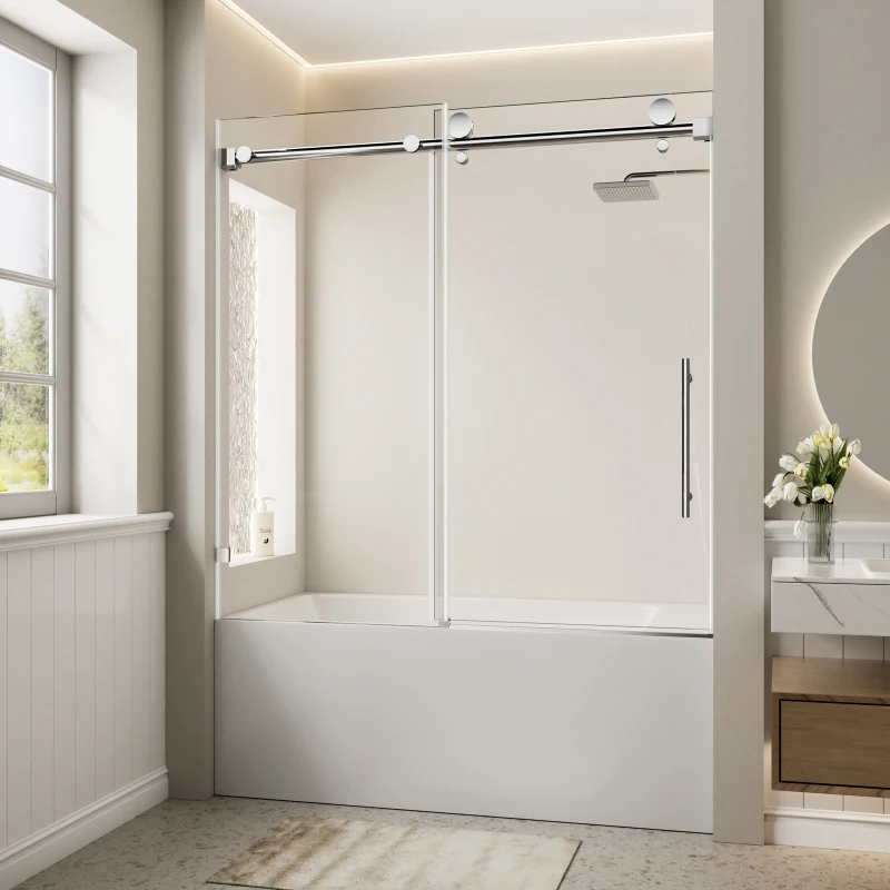 Alixeperss Store 56"-60" W x 60" H Frameless Single Sliding Shower Door, Chrome Bathtub Door, 5/16" (8mm) Clear Tempered Glass
Alixeperss Store 56"-60" W x 60" H Frameless Single Sliding Shower Door, Chrome Bathtub Door, 5/16" (8mm) Clear Tempered Glass