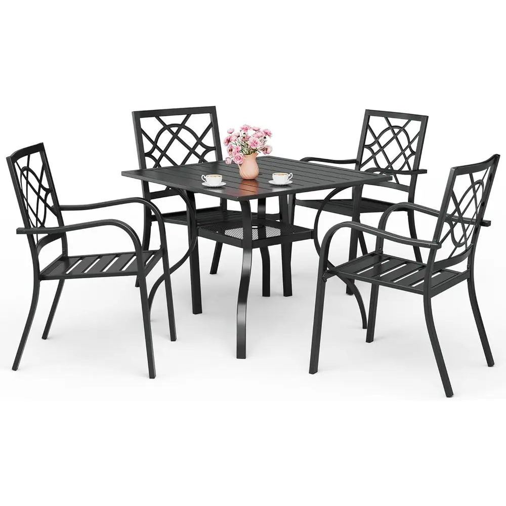 Black 5-Piece Outdoor Metal Patio Dining Set with 4 Stackable Chairs and Square Table with Umbrella Hole
Black 5-Piece Outdoor Metal Patio Dining Set with 4 Stackable Chairs and Square Table with Umbrella Hole