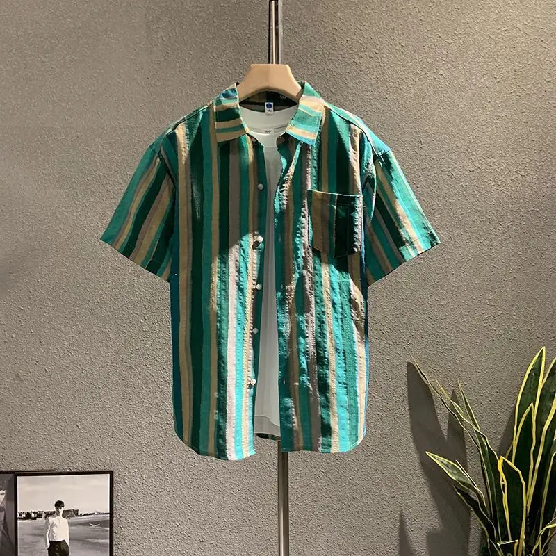 Men's Green Striped Loose Shirts - Summer Sale Cotton Casual Beachwear with Button-Up Chest Pocket, Korean Vintage Breathable
Men's Green Striped Loose Shirts - Summer Sale Cotton Casual Beachwear with Button-Up Chest Pocket, Korean Vintage Breathable