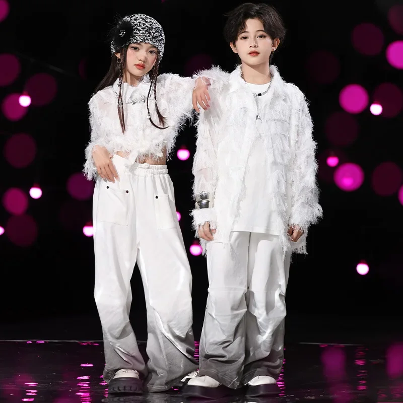 Kids Jazz Dance Clothing Girls Kpop Stage Outfit Fashion Runways Show Costume Streetwear White Feather Shirt Gradient Pants 
Kids Jazz Dance Clothing Girls Kpop Stage Outfit Fashion Runways Show Costume Streetwear White Feather Shirt Gradient Pants