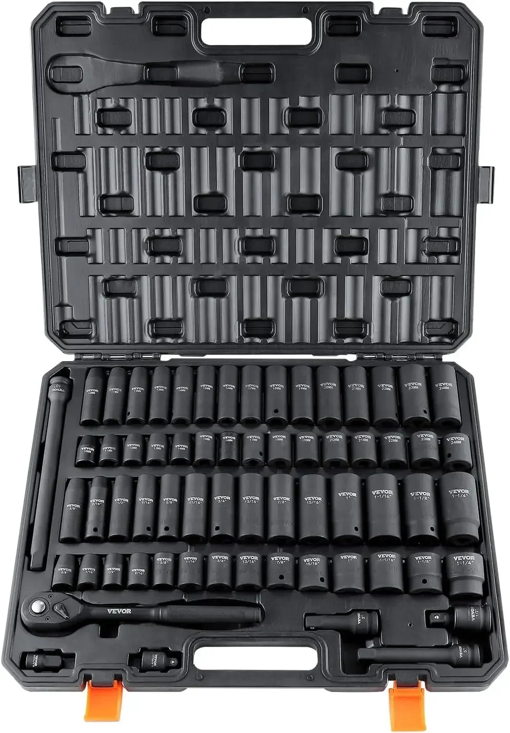 VEVOR 1/2" Drive Impact Socket Set, 65 Piece SAE 3/8" to 1-1/4" and Metric 10-24mm, 6 Point Cr-V Alloy Steel,Read Size Markings
VEVOR 1/2" Drive Impact Socket Set, 65 Piece SAE 3/8" to 1-1/4" and Metric 10-24mm, 6 Point Cr-V Alloy Steel,Read Size Markings