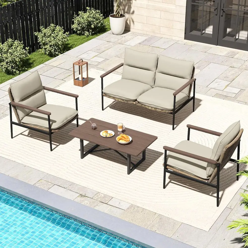 4-Piece Outdoor Patio Conversation Set: Wicker Seating with Acacia Wood Armrests, Loveseat Sofa with Olefin Cushions and Wood Ta
4-Piece Outdoor Patio Conversation Set: Wicker Seating with Acacia Wood Armrests, Loveseat Sofa with Olefin Cushions and Wood Ta