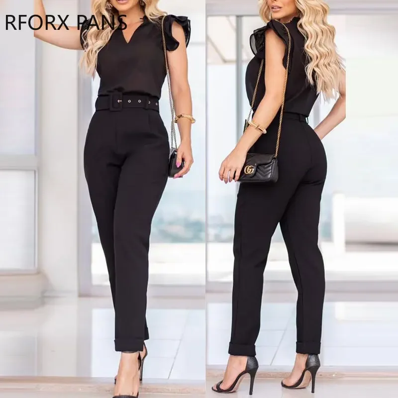 Women Elegant Chic Solid Flying Sleeves with Belt V-neck Sexy Fashion Working Pants Set
Women Elegant Chic Solid Flying Sleeves with Belt V-neck Sexy Fashion Working Pants Set