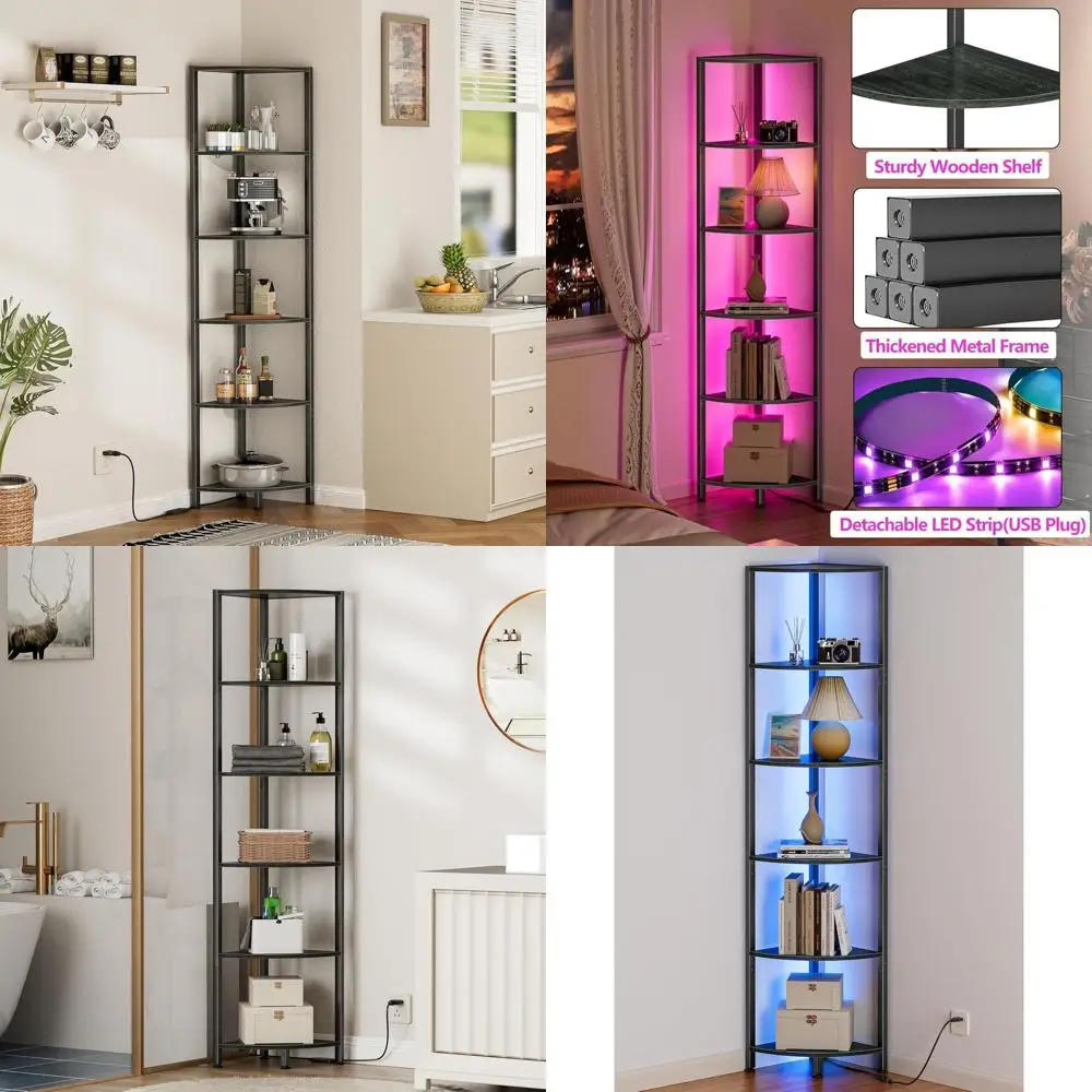 6-Tier Corner Shelf with LED Light, 67.5 Tall, Black Narrow Bookshelf for Living Room, Bedroom, Metal & Wood Display Rack
6-Tier Corner Shelf with LED Light, 67.5 Tall, Black Narrow Bookshelf for Living Room, Bedroom, Metal & Wood Display Rack