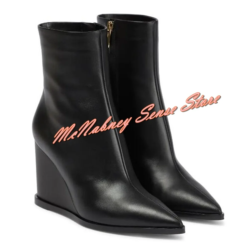 Solid Leather Wedges Ankle Boots Pointy Toe Side Zipper New Style Autumn Winter Party Dress Short Boots Women Sexy Black Shoes
Solid Leather Wedges Ankle Boots Pointy Toe Side Zipper New Style Autumn Winter Party Dress Short Boots Women Sexy Black Shoes