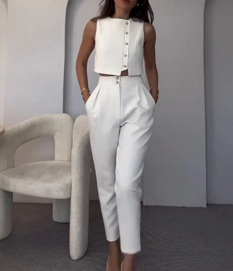 Women's Two Piece Elegant Trendy Solid Color Round Neck Sleeveless Button Crop Vest and High Waist Pencil Cropped Pants Set
Women's Two Piece Elegant Trendy Solid Color Round Neck Sleeveless Button Crop Vest and High Waist Pencil Cropped Pants Set