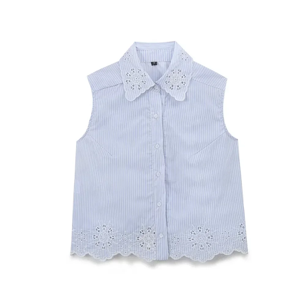 PB&ZA 2024 autumn new women's clothing lapel hollowed out striped embroidery sleeveless short shirt top
PB&ZA 2024 autumn new women's clothing lapel hollowed out striped embroidery sleeveless short shirt top