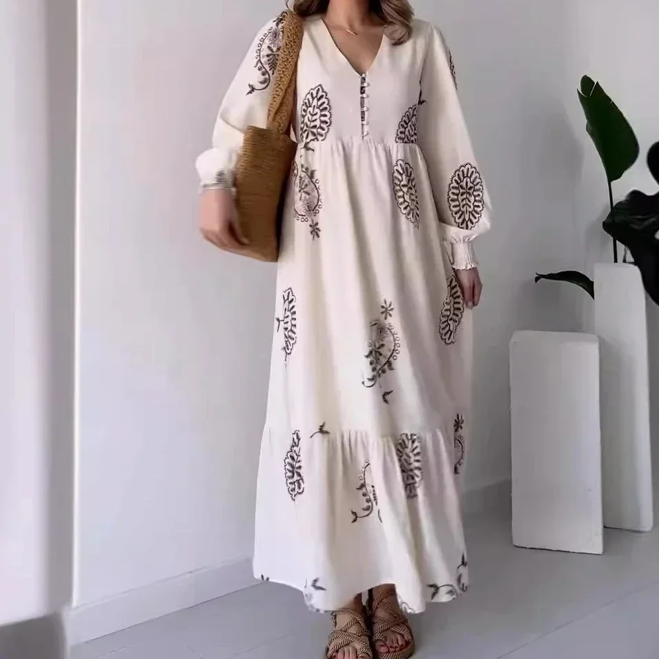 Women Dress Party A Line Long Dresses Print V-Neck Long Sleeve Elegant Splice Casual Loose Maxi Vestidos Pleated Spring 2024
Women Dress Party A Line Long Dresses Print V-Neck Long Sleeve Elegant Splice Casual Loose Maxi Vestidos Pleated Spring 2024