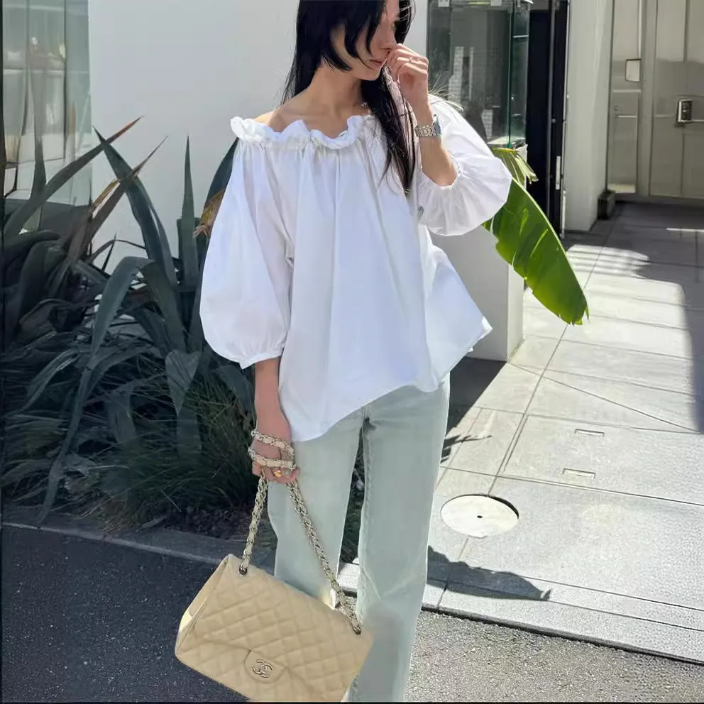 Gagarich 2025 Spring Blouse Japanese Seven Sleeve Elastic Lace Collar One Shoulder Fashion Shirt Women
Gagarich 2025 Spring Blouse Japanese Seven Sleeve Elastic Lace Collar One Shoulder Fashion Shirt Women