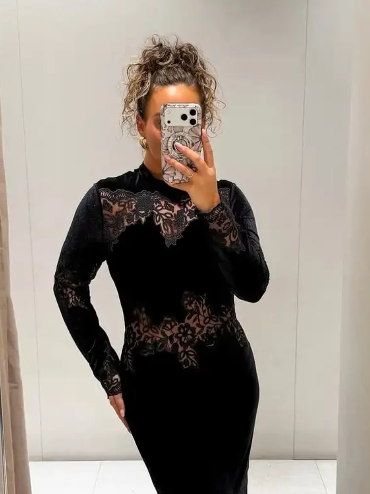 Chic Black Lace Velvet Slim Dress Women Casual Full Sleeve Round Neck See Through Midi Dresses 2026 Evening Party Vestidos Lady
Chic Black Lace Velvet Slim Dress Women Casual Full Sleeve Round Neck See Through Midi Dresses 2026 Evening Party Vestidos Lady