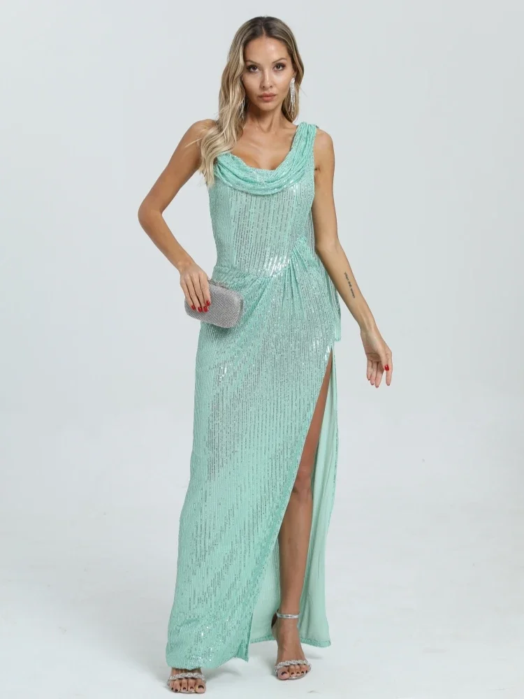 Sexy One Shoulder Straps Draped Sequins Long Dress Women Green Sleeveless Backless Split Slim Maxi Celebrity Party Evening Gowns
Sexy One Shoulder Straps Draped Sequins Long Dress Women Green Sleeveless Backless Split Slim Maxi Celebrity Party Evening Gowns