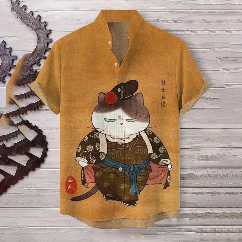 Hawaiian shirt men's standing collar short sleeved shirt cat animal print fashionable casual bamboo linen top
Hawaiian shirt men's standing collar short sleeved shirt cat animal print fashionable casual bamboo linen top